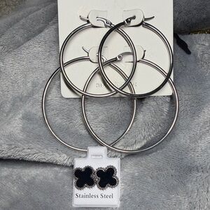 Stainless Steel Silver Hoop and Black Clover Earrings